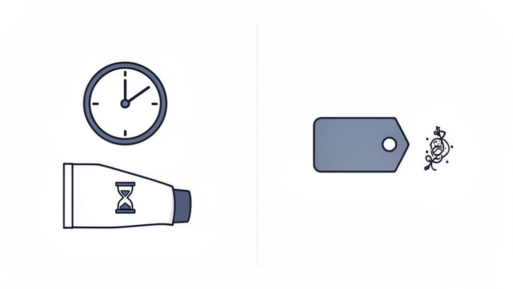 Illustrations of a clock, hourglass on a tube, and a price tag with an intricate design.