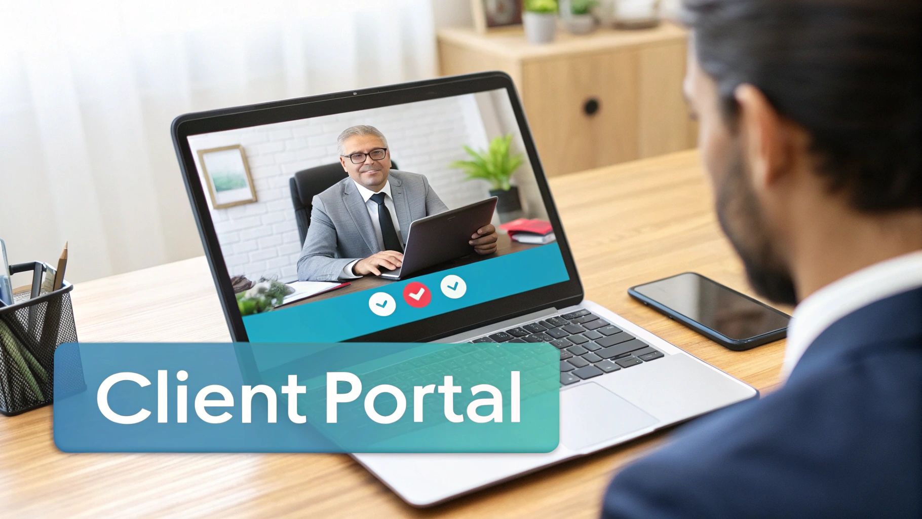Man viewing laptop screen showing a video call with a businessman and 'Client Portal' text overlay.