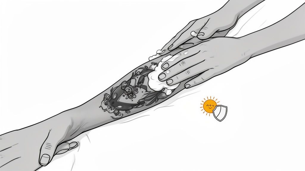 Close-up of hands applying lotion to a black and grey tattoo on a forearm, with a sun protection icon.