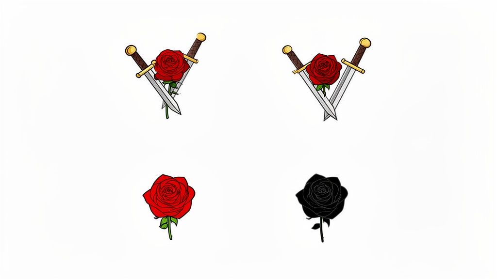 Four illustrations featuring red and black roses, with two designs including crossed daggers.
