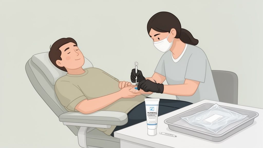 A masked professional applies numbing cream to a relaxed patient's hand in a medical setting.