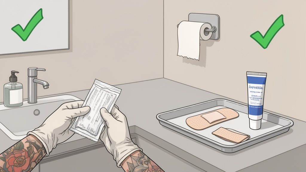 Gloved hands with tattoos preparing medical supplies like bandages and cream in a clean setting.