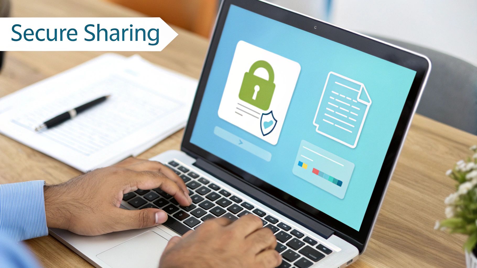 Hands typing on a laptop displaying icons for secure sharing, documents, and a credit card.