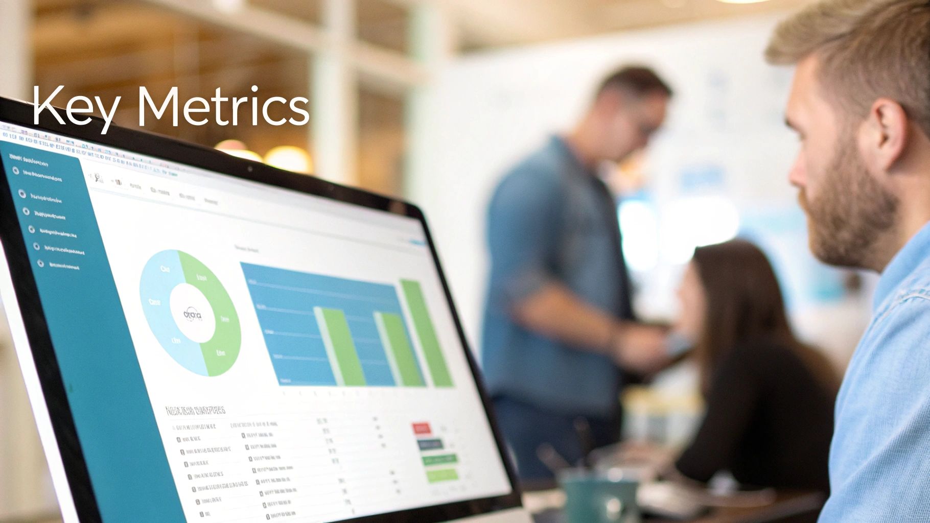 Close-up of a laptop showing data analytics, charts, and graphs for key metrics in an office.