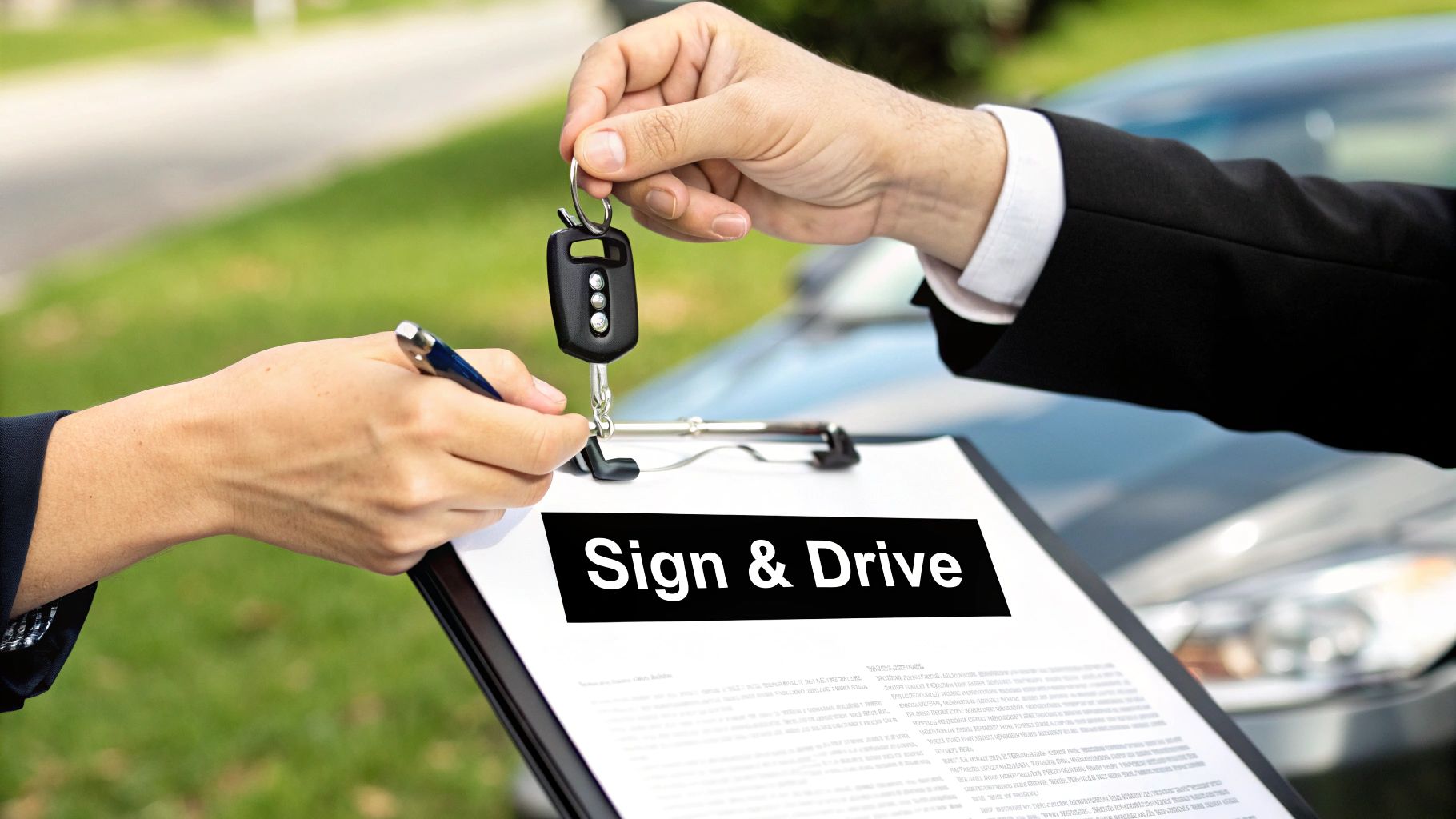 Hands exchanging car keys and signing a 'Sign & Drive' document for a new vehicle purchase.