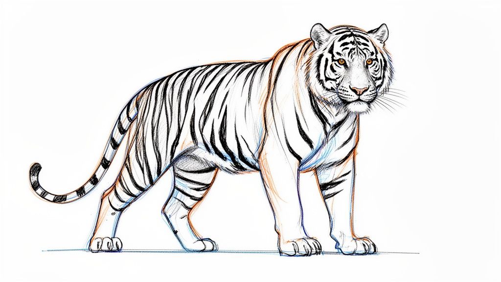 Detailed sketch of a white tiger with black stripes, orange eyes, and a pink nose.