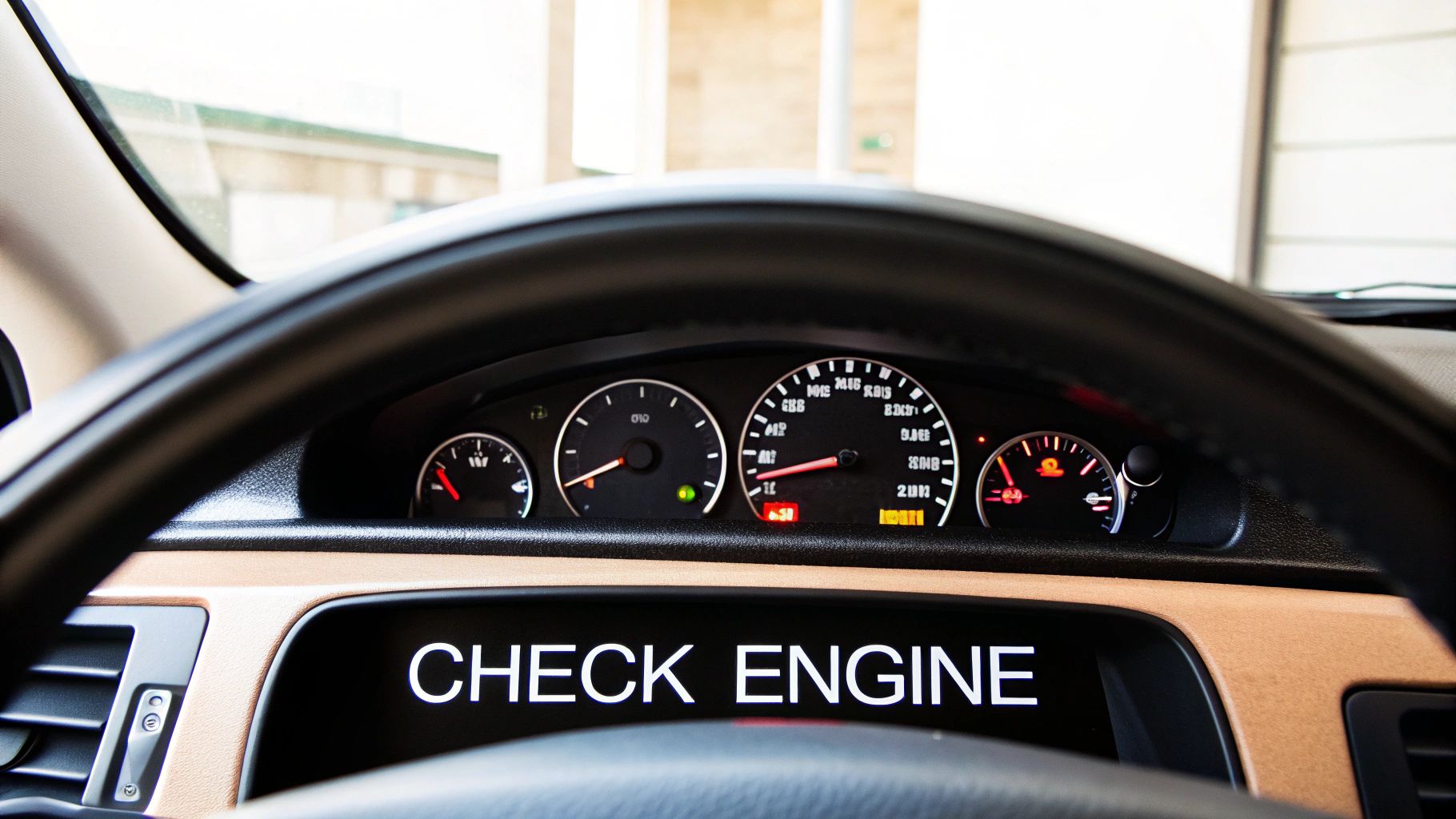 Driver's view of a car dashboard showing a steering wheel and an illuminated 'CHECK ENGINE' warning message.