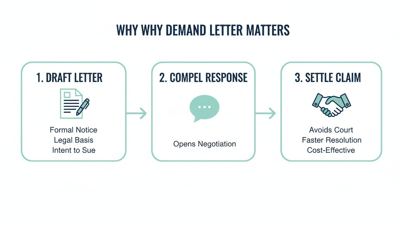 A flowchart illustrates why a demand letter matters, detailing steps to draft, compel response, and settle claims.