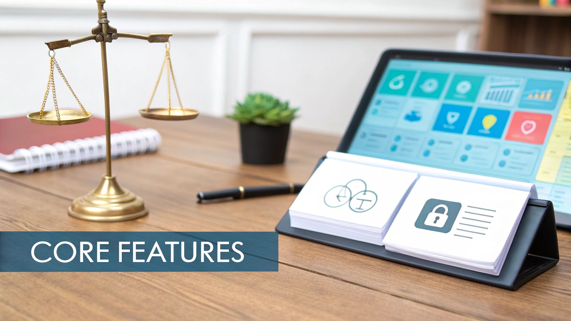 Scales of justice, a tablet with legal software, and a flipbook highlighting core security features on a wooden desk.