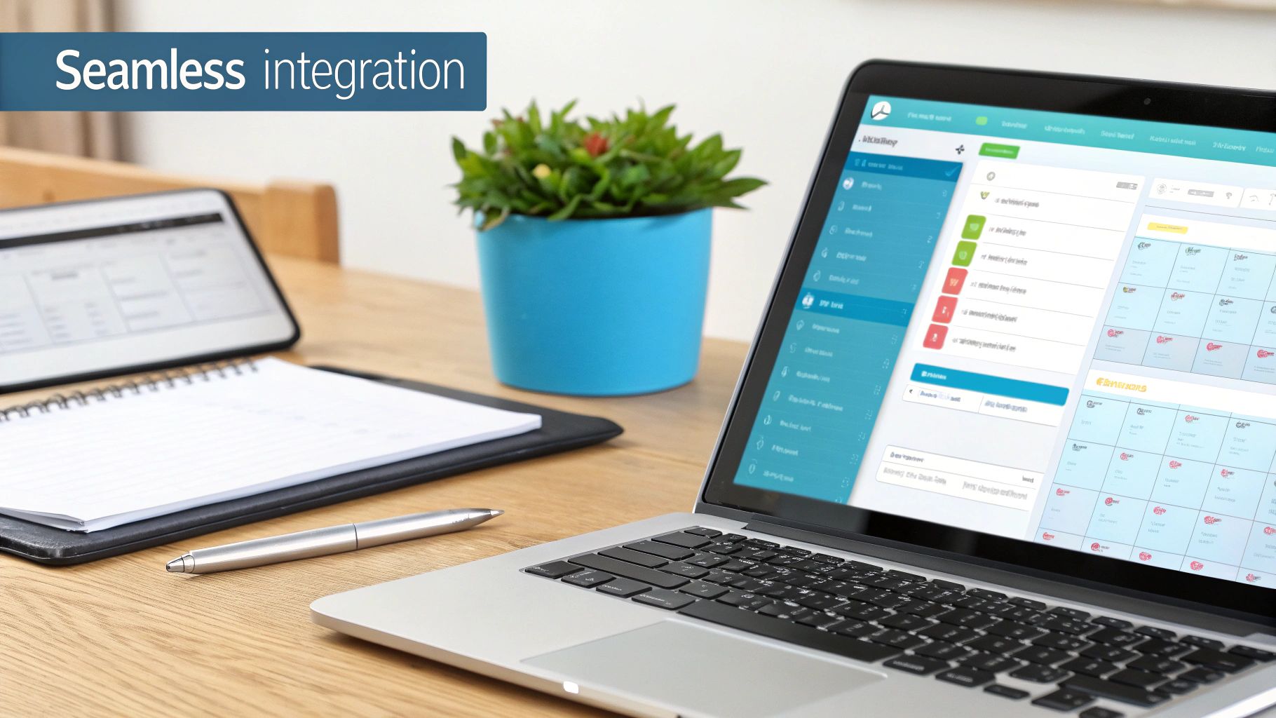 A laptop on a wooden desk displays time tracking software, with a tablet and notebook nearby, highlighting seamless integration.