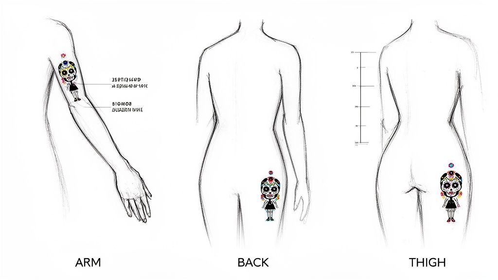 Sugar skull girl tattoo design showcased on arm, lower back, and thigh placements.