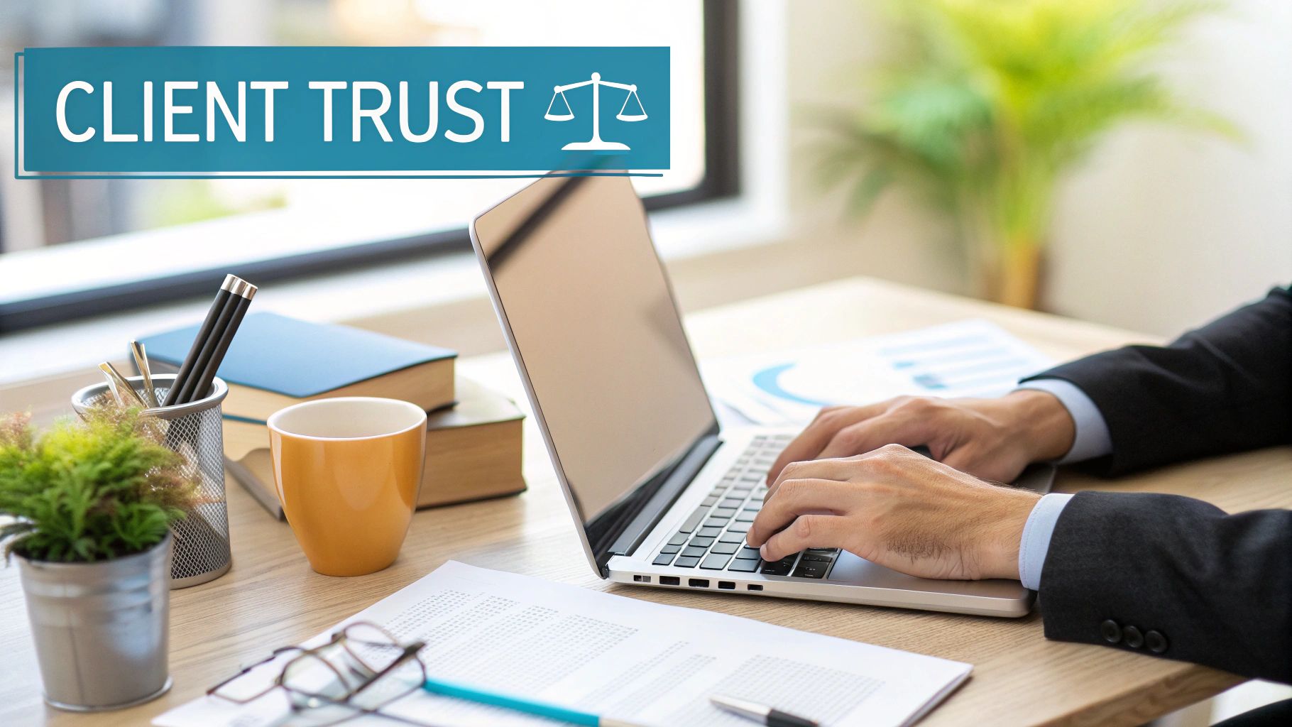 Hands typing on a laptop at a bright desk with books and coffee, emphasizing client trust.