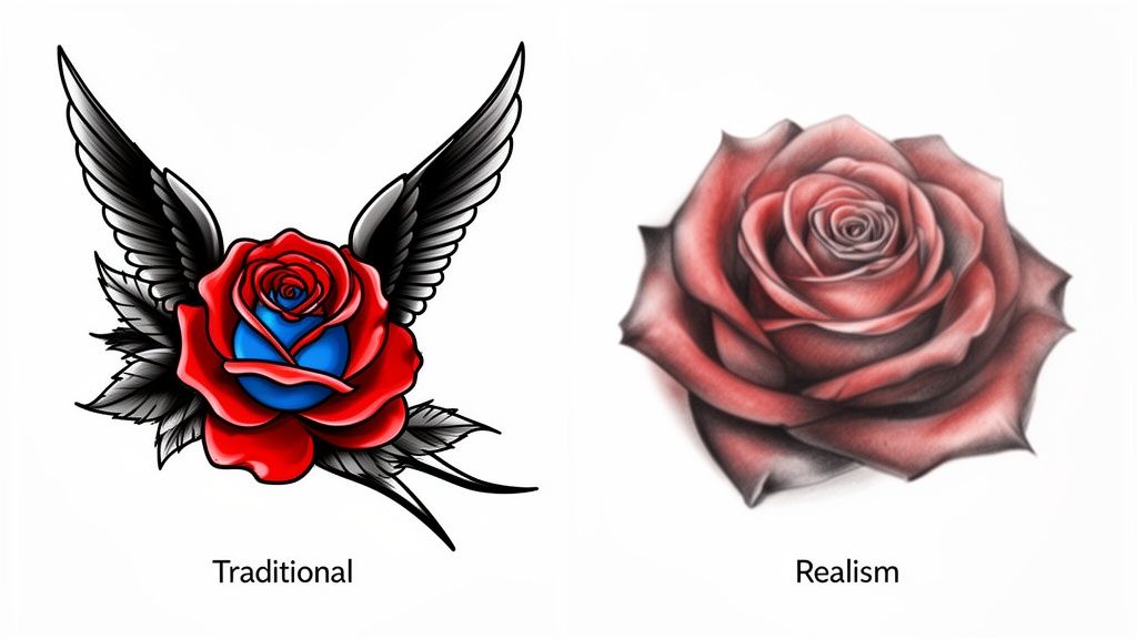 Two rose tattoo designs: a vibrant traditional style with wings, and a detailed realism style.