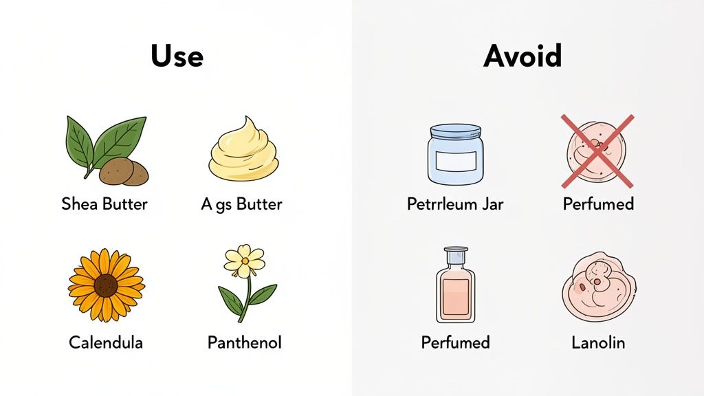 Guide on products to use and avoid for skin, including natural butters, calendula, perfumed items, and lanolin.