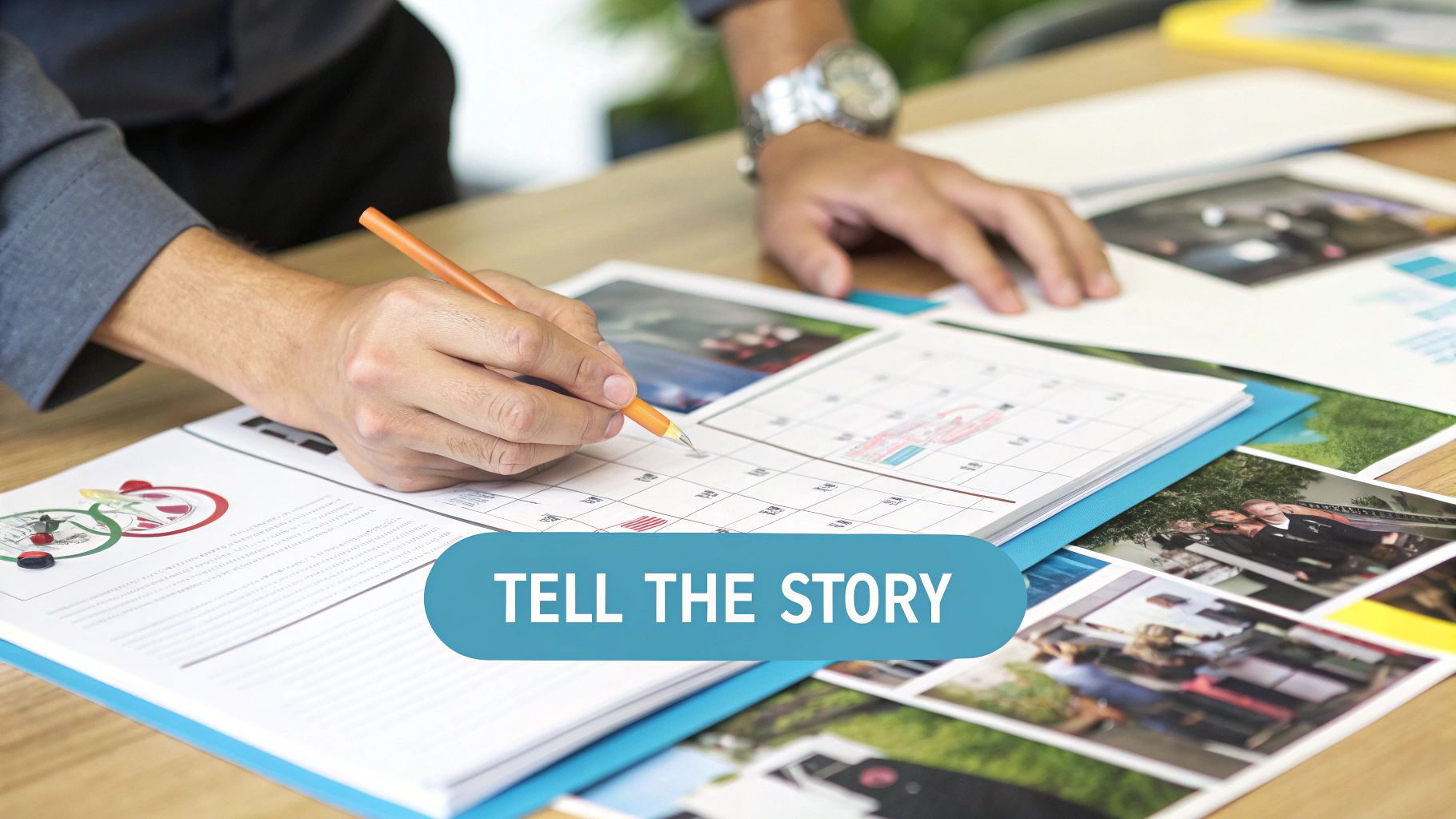 Hands writing on a calendar with an orange pencil, surrounded by documents and photos.