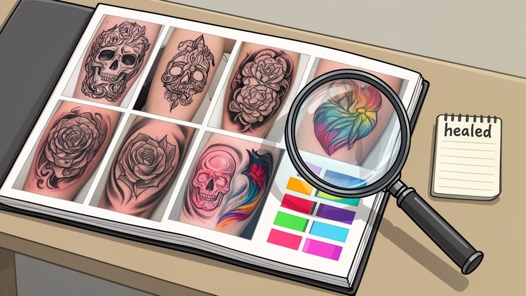 A book open to pages displaying various tattoo designs, a magnifying glass highlighting a colorful tattoo, with a color palette and 'healed' notepad.