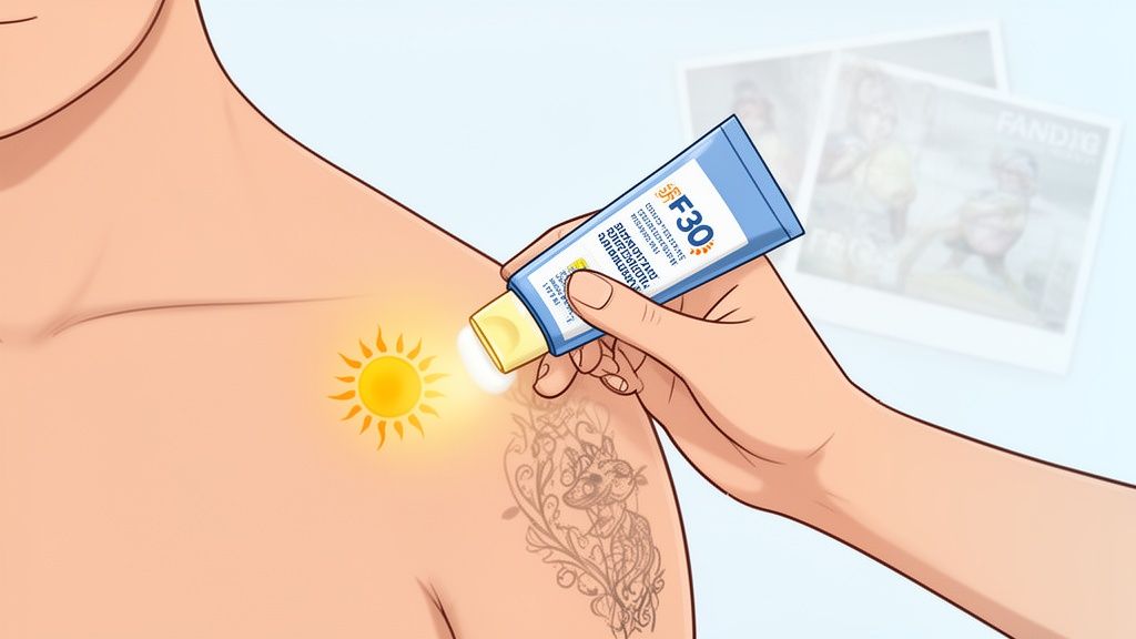 A person applies SPF 30 sunscreen to a detailed shoulder tattoo for sun protection from a bright sun.
