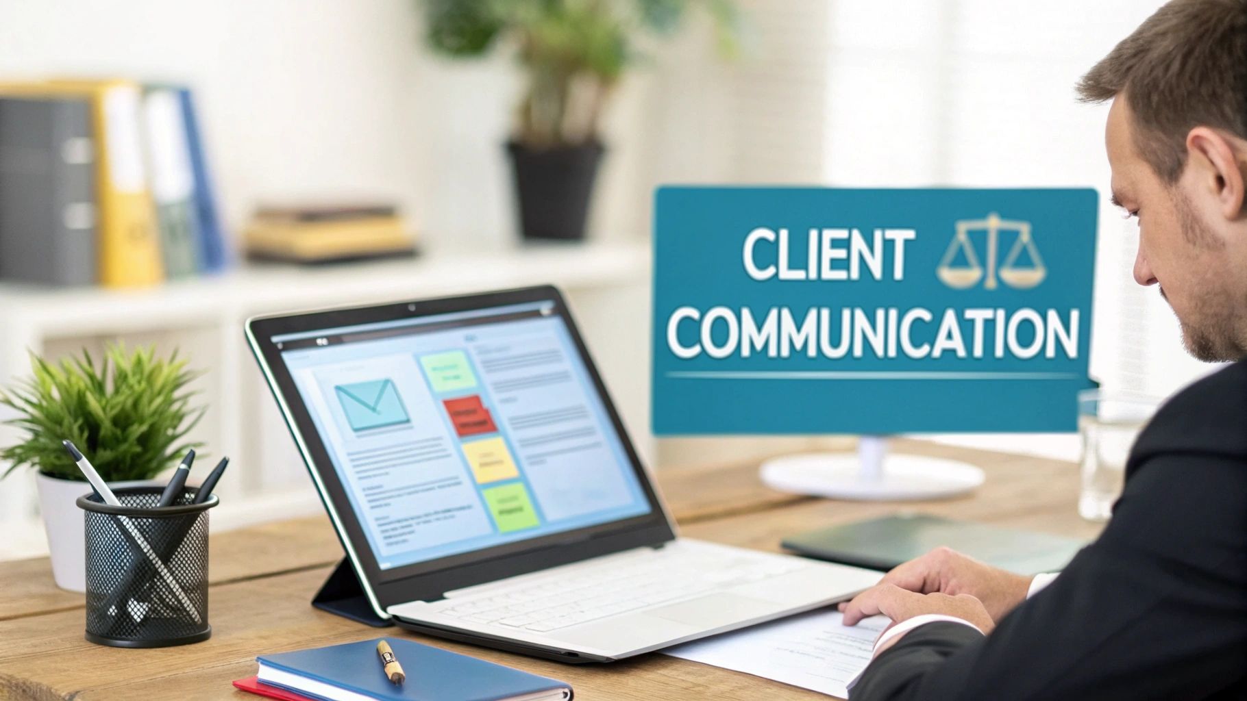 Professional at desk with laptop, monitor showing 'Client Communication' and scales of justice icon, emphasizing legal interaction.