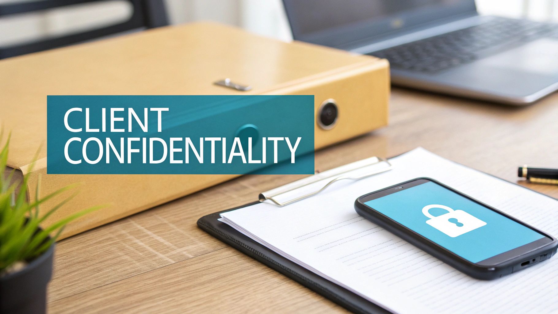 A desk with documents, a laptop, and a smartphone displaying a lock icon, emphasizing client confidentiality.