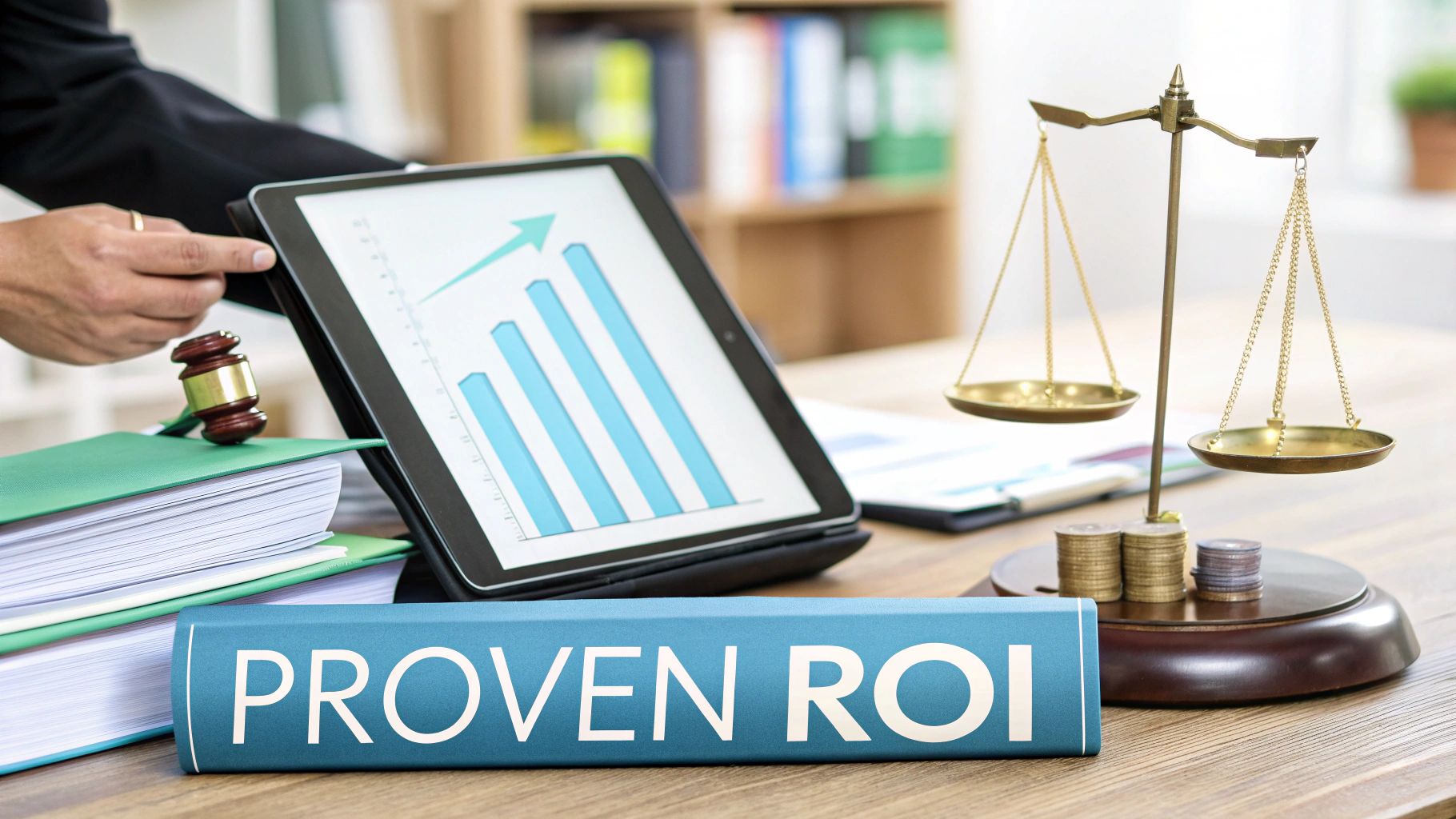 A hand interacts with a tablet displaying a growth chart, next to a gavel, a balance scale, and a book titled 'PROVEN ROI'.
