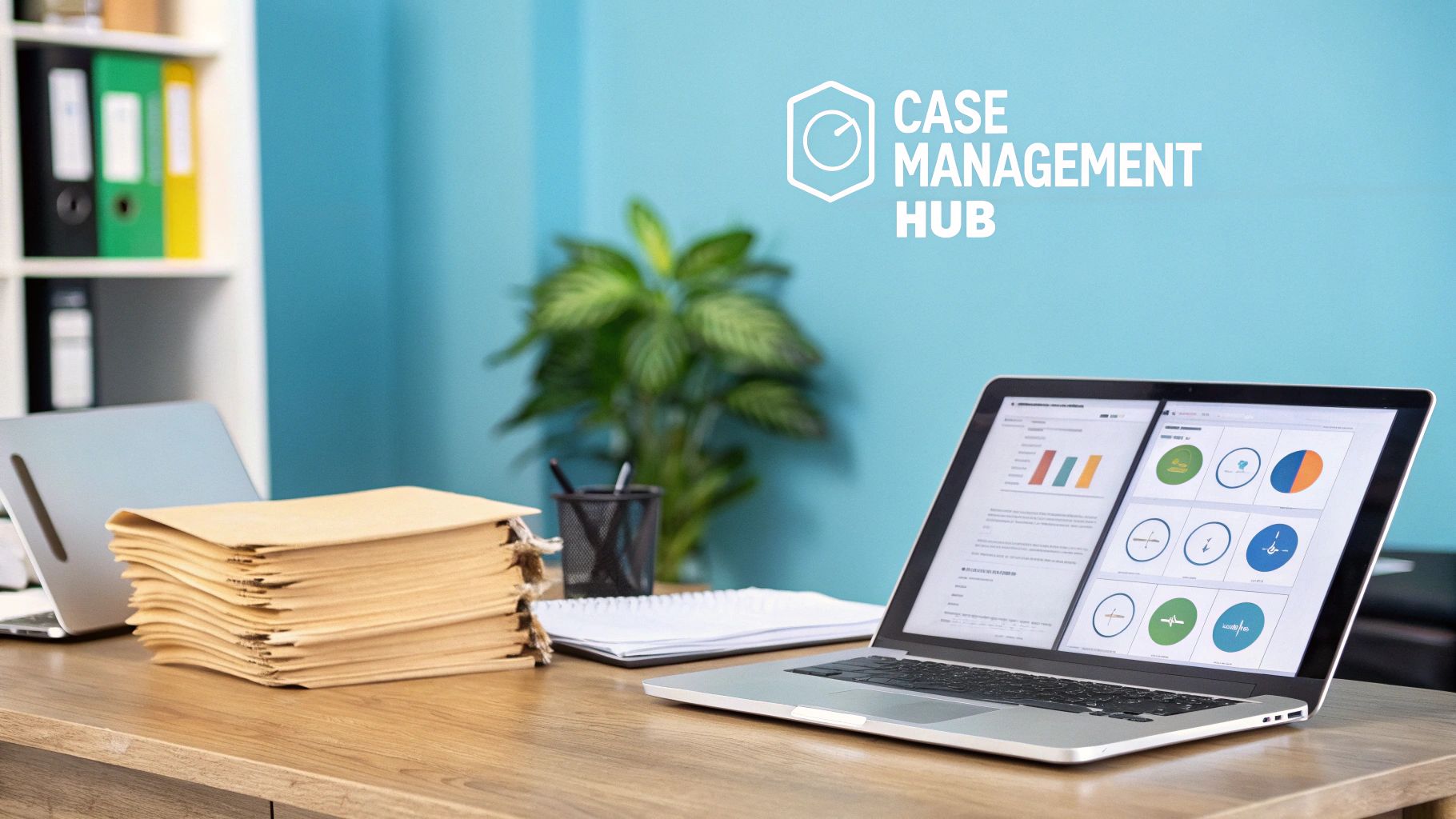 An office desk with a laptop displaying legal case management dashboards, stacked folders, and a plant.