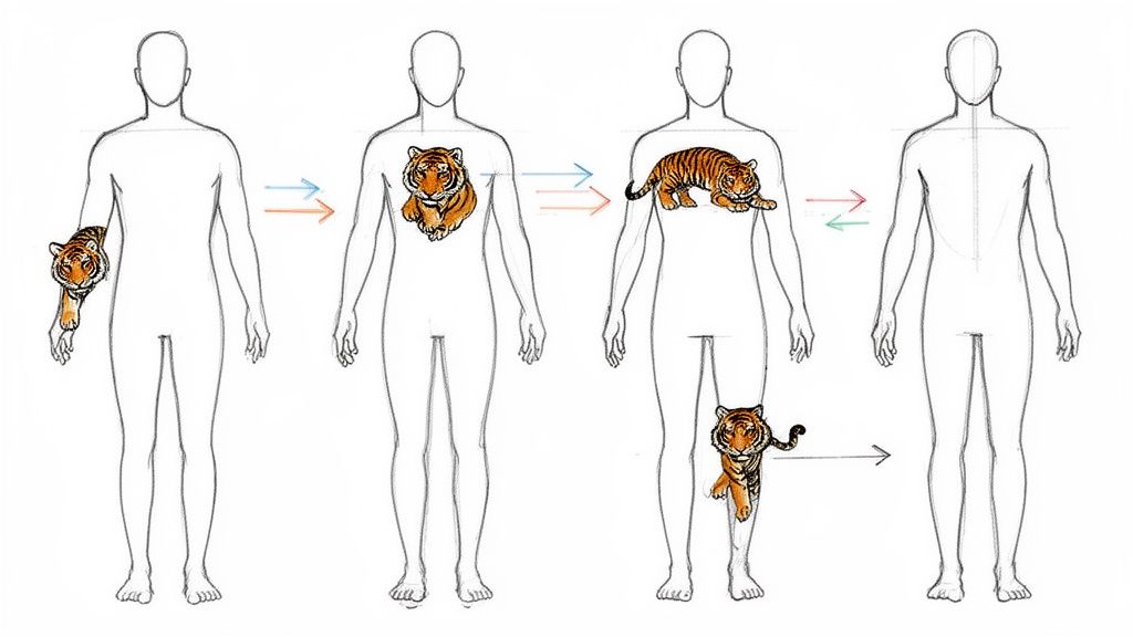 A four-panel illustration showing tigers appearing and moving on human figures, depicting a symbolic progression.