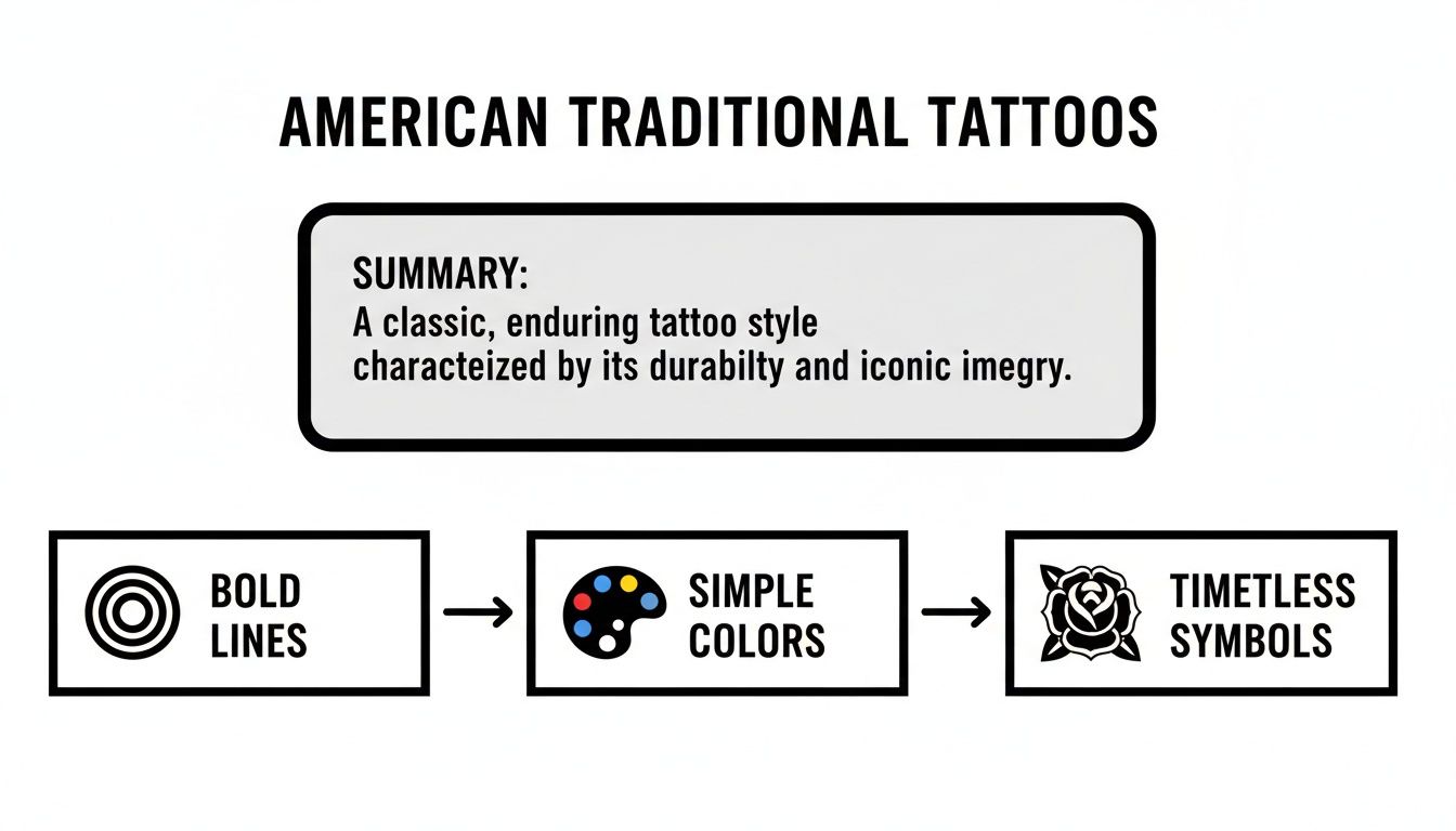 An infographic detailing American traditional tattoos, featuring bold lines, simple colors, and timeless symbols.