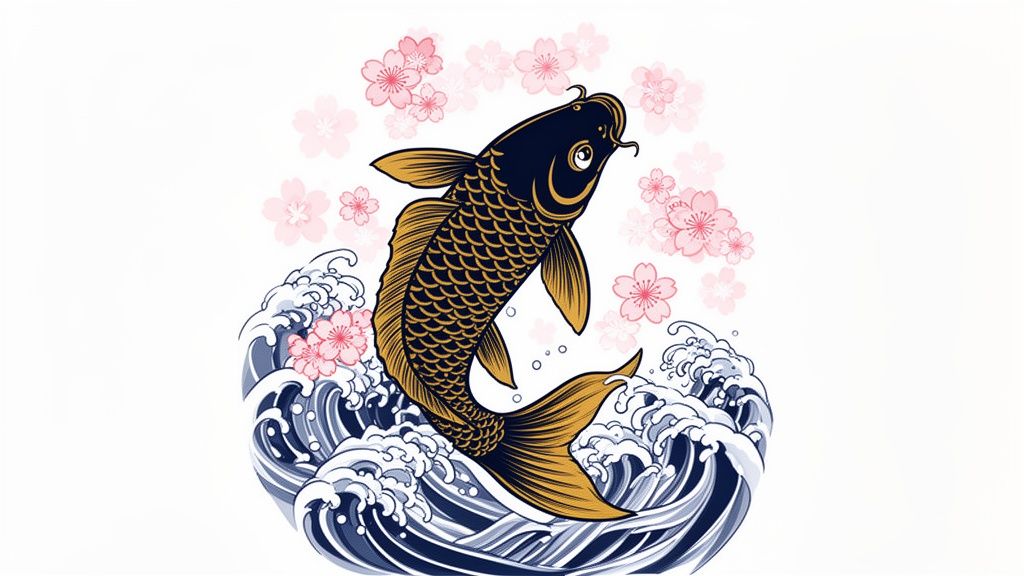 A black and gold koi fish leaps from traditional blue waves, adorned with pink cherry blossoms.