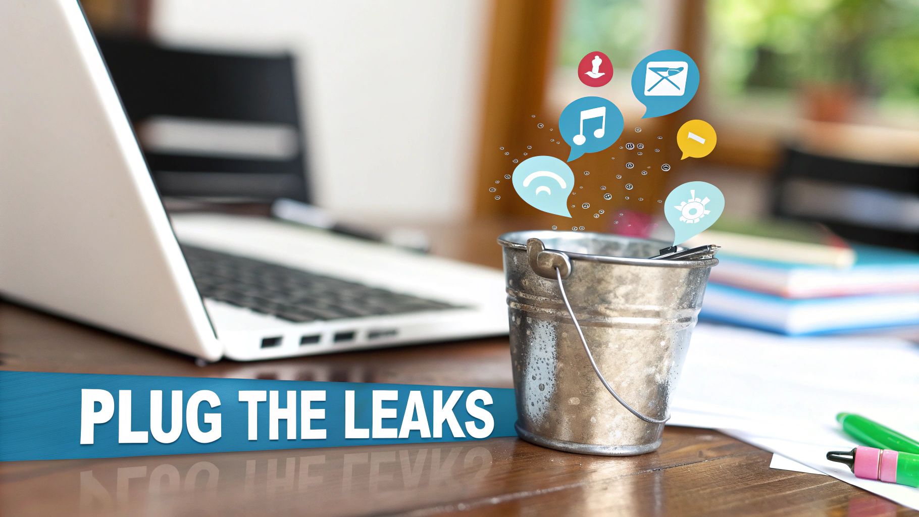Laptop and bucket with leaking app icons, symbolizing data loss, with a 'PLUG THE LEAKS' banner.
