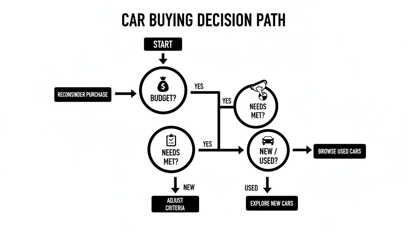 Flowchart outlining a car buying decision path, covering budget, needs, and new versus used options.