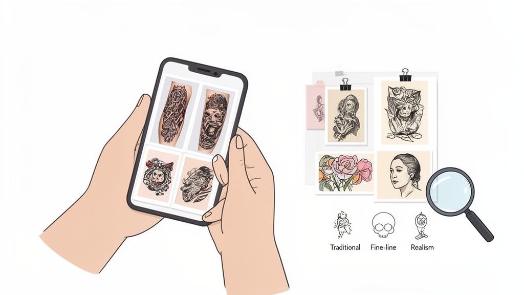 Hands holding a phone displaying diverse tattoo designs, accompanied by sketches and style icons.