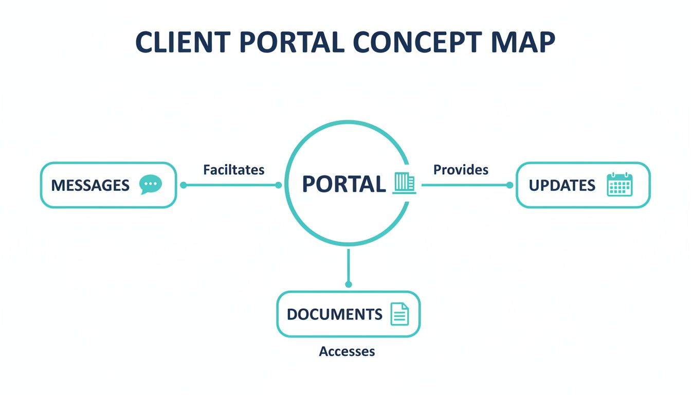 Concept map illustrating a client portal facilitating messages, providing updates, and accessing documents.