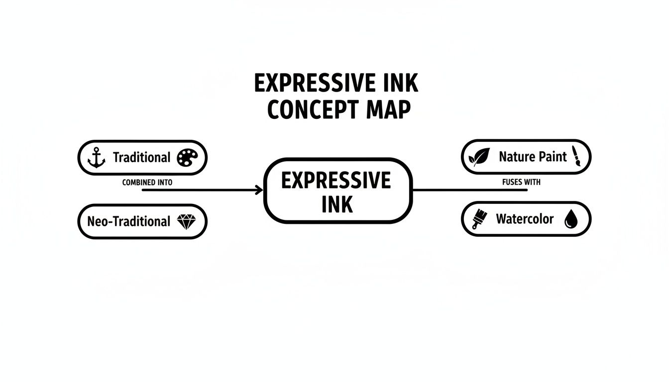 Concept map illustrating Expressive Ink, combining Traditional and Neo-Traditional styles, and fusing with Nature Paint and Watercolor.