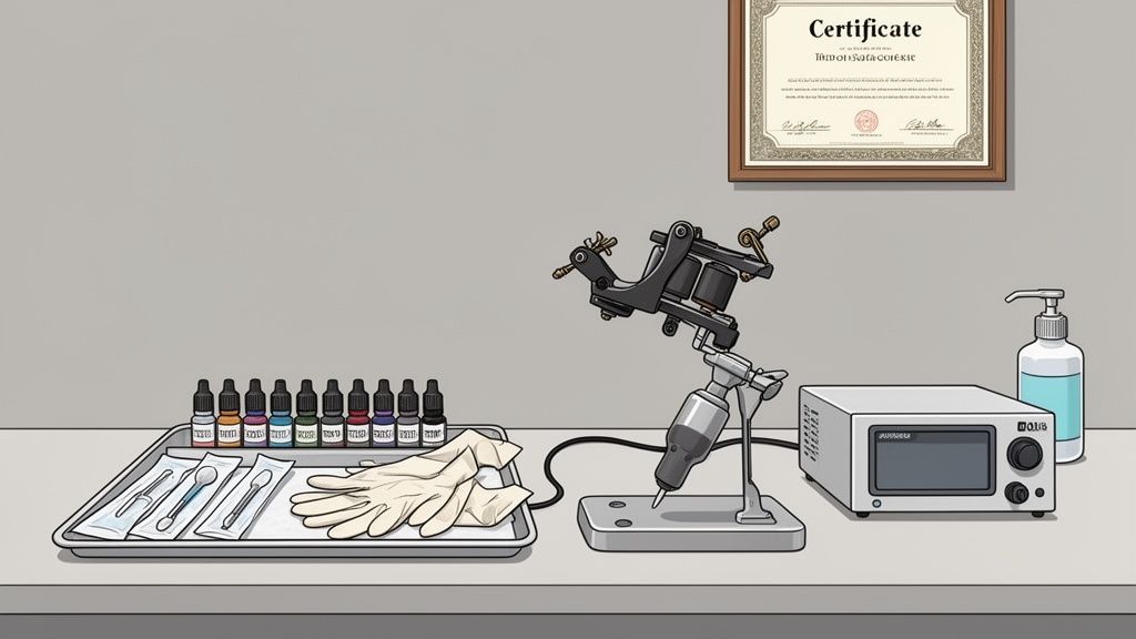 A sterile tattoo artist's workstation featuring a machine, various inks, tools, gloves, and a certificate on the wall.