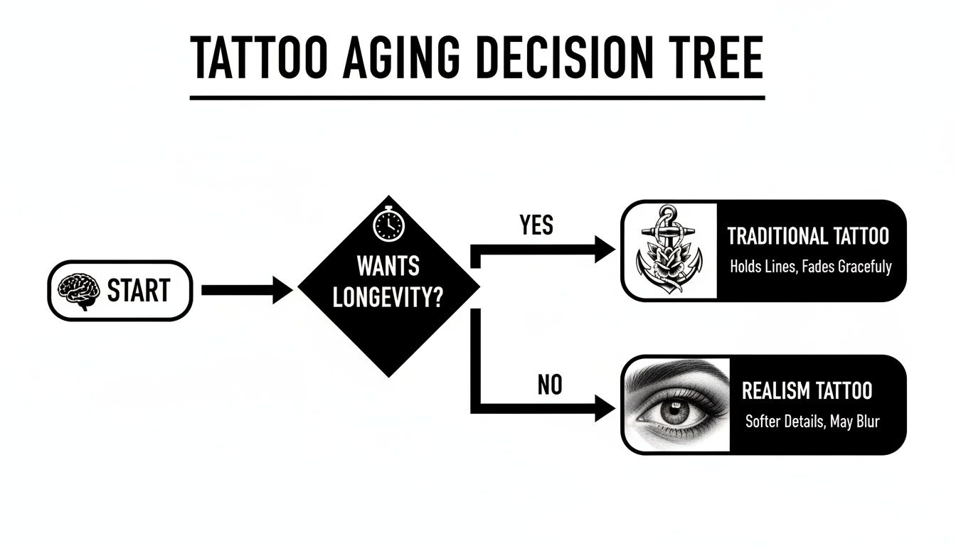 A tattoo aging decision tree flowchart comparing traditional and realism tattoos based on desired longevity.