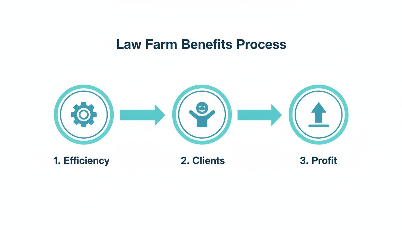 Flowchart illustrating the Law Farm Benefits Process with steps: Efficiency, Clients, and Profit.