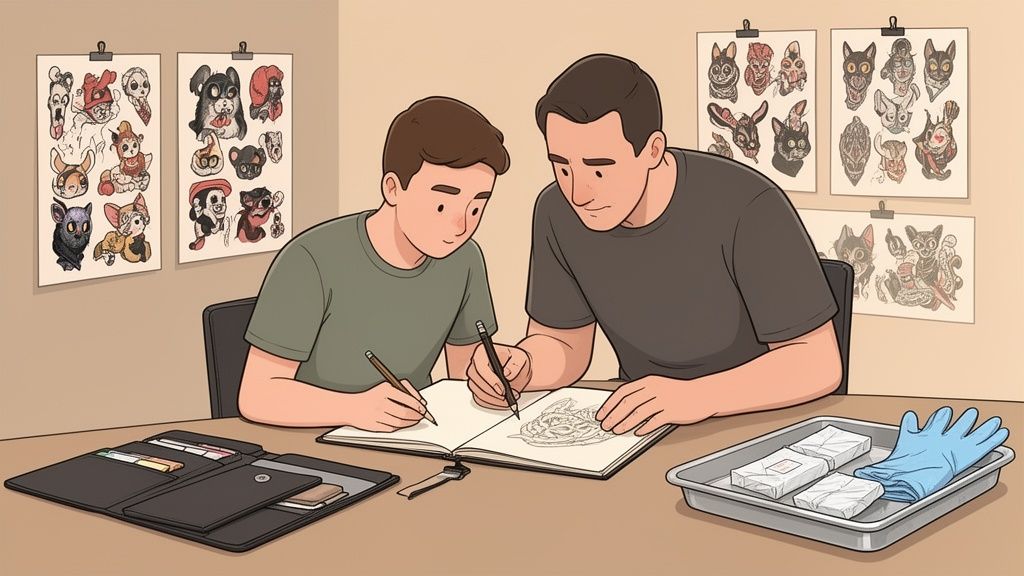 Two men drawing intricate tattoo designs in sketchbooks, surrounded by diverse flash art on the walls.