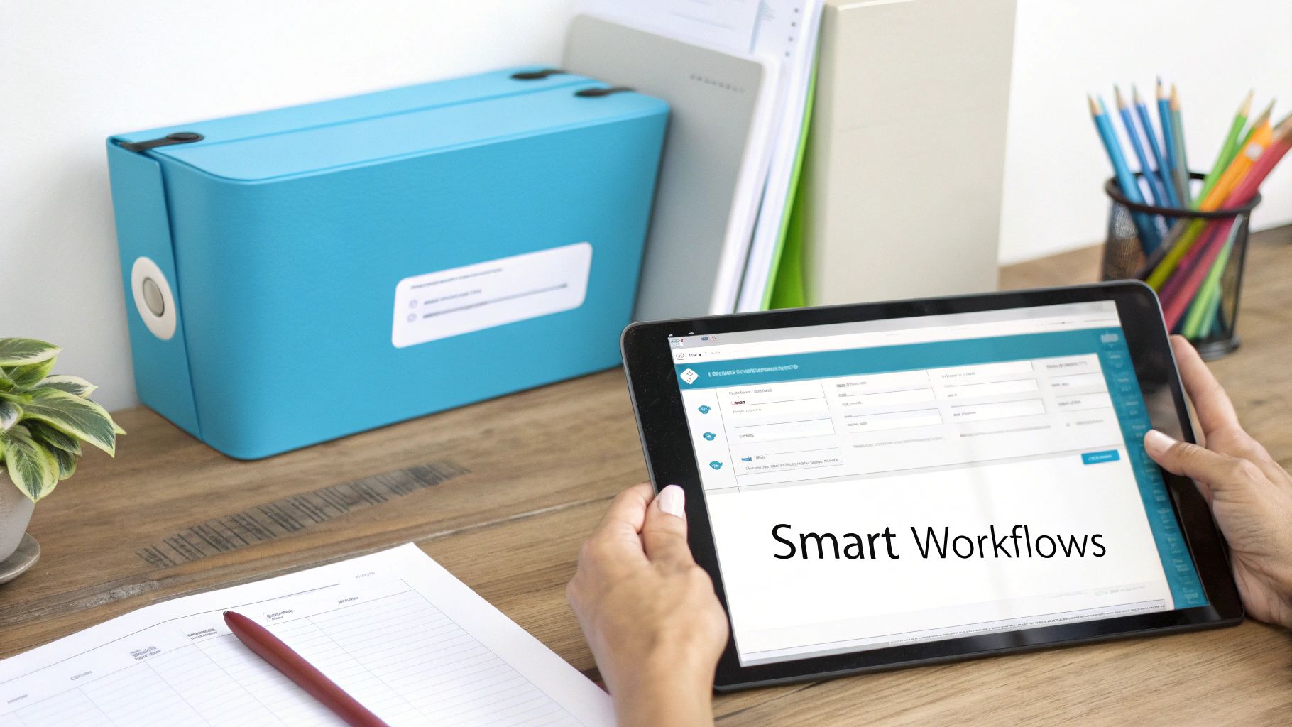 Person uses a tablet displaying 'Smart Workflows' on an organized desk with office supplies and a blue file box.