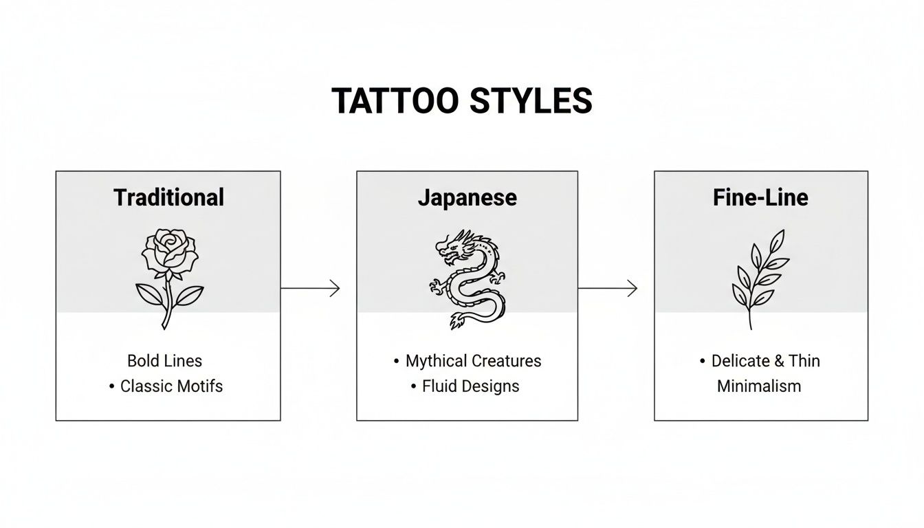 A diagram illustrating three tattoo styles: Traditional, Japanese, and Fine-Line, with characteristic descriptions and example images.