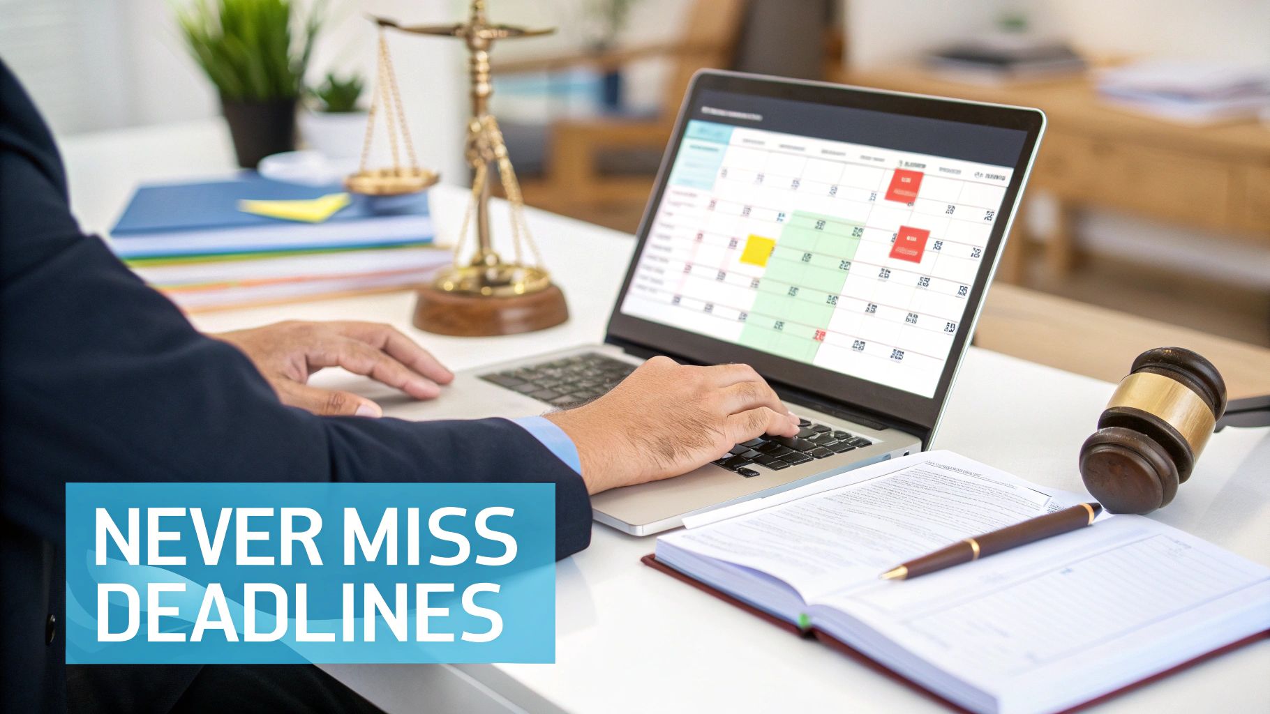 A legal professional uses a laptop with a calendar app to manage deadlines, next to a gavel and scales of justice.