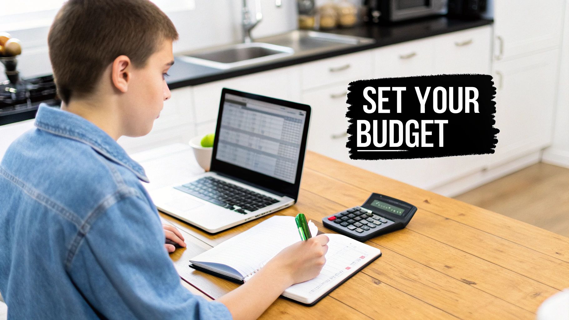 A young person budgeting finances at a wooden table with a laptop, notebook, and calculator.