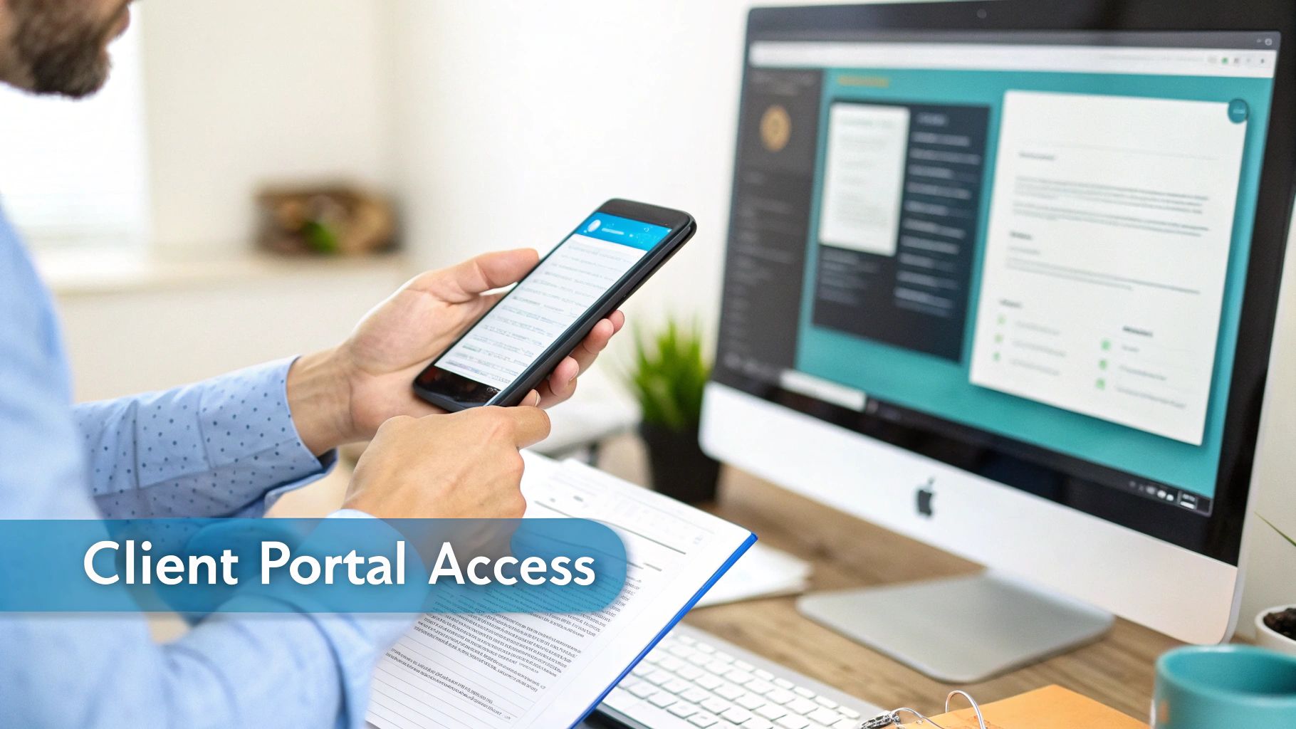 Person accessing a client portal on a smartphone and desktop computer, reviewing digital and physical documents.