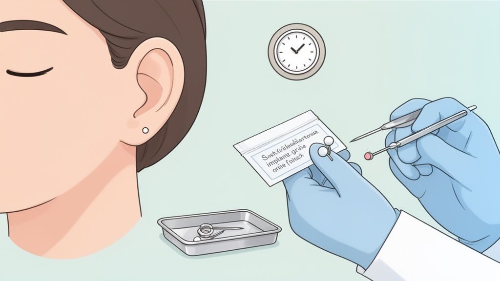 A person's ear with a small white dot, while gloved hands prepare medical tools and items.
