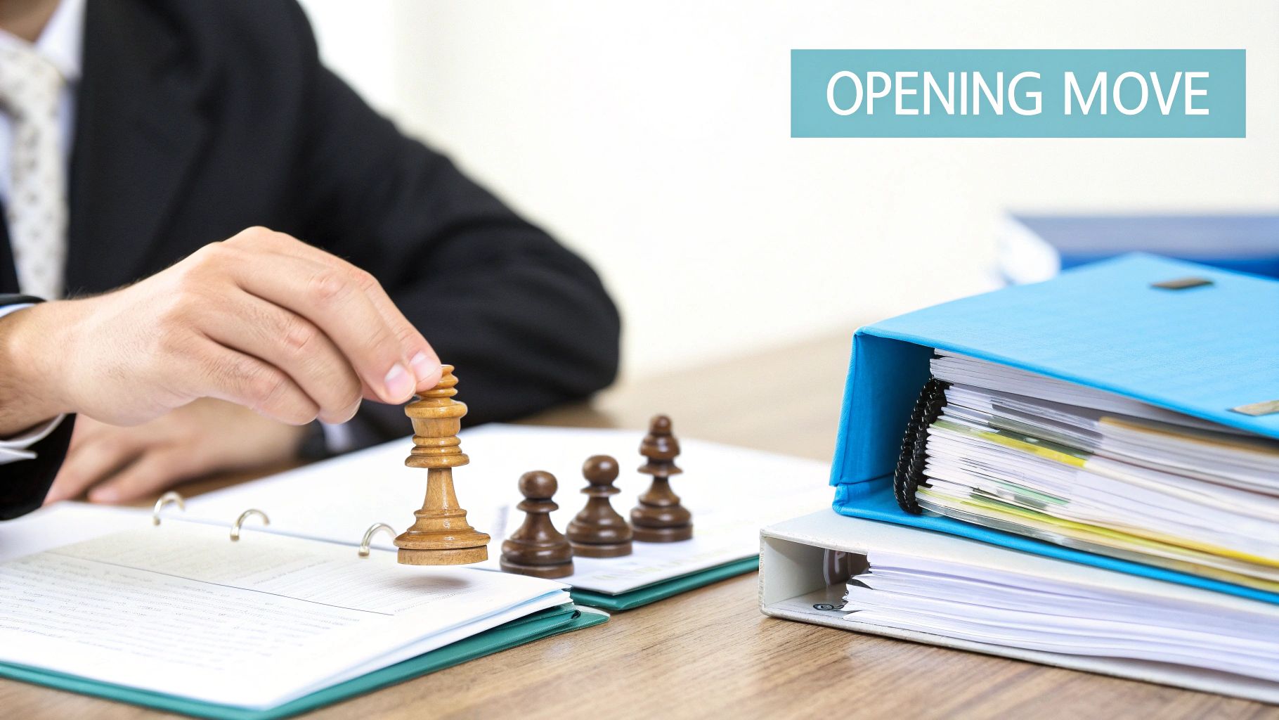 A businessman's hand places a chess king on a document, symbolizing a strategic opening move.