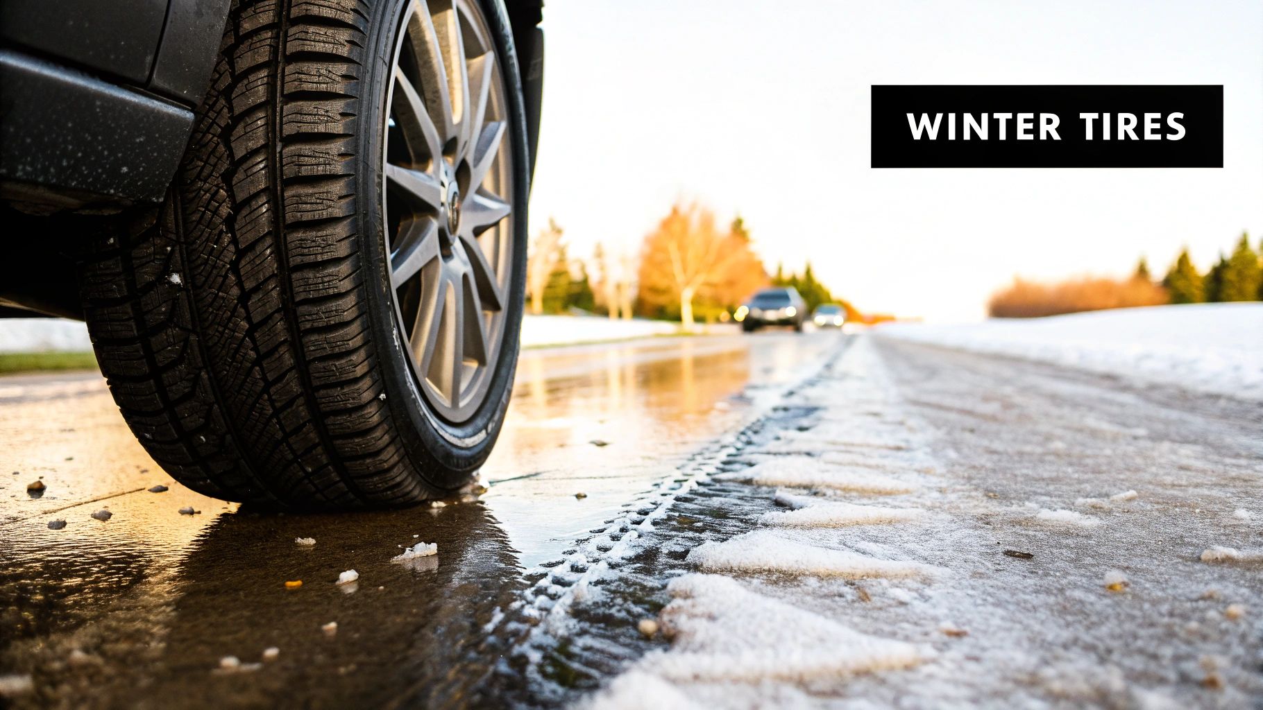 Close-up of a car's winter tire on a wet, icy road with melting snow and slush.
