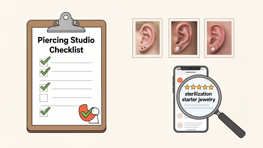 A checklist for a piercing studio, various ear piercings, and a phone searching for sterile jewelry.