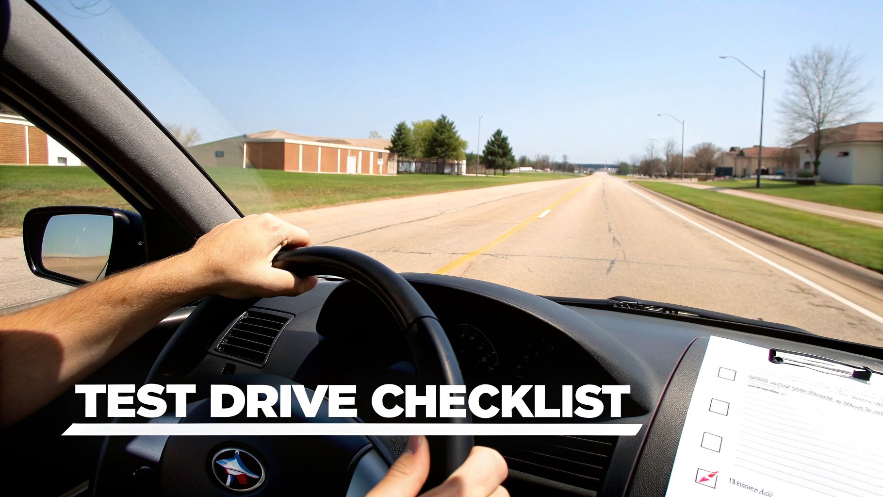 Hands on steering wheel, driving a car on an open road, with a 'Test Drive Checklist' overlay.