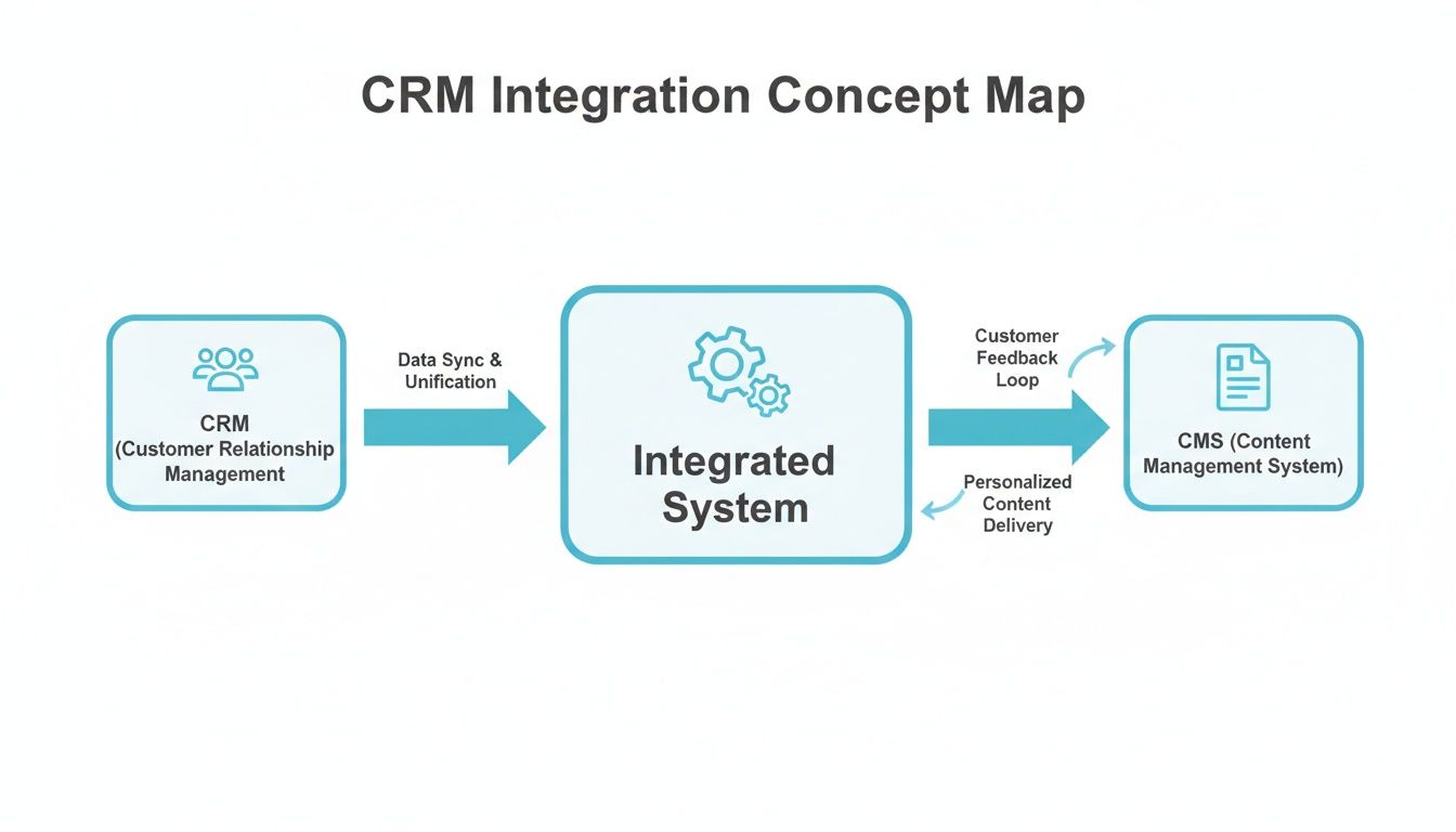 Concept map illustrating CRM integration with an integrated system and CMS for data synchronization and personalized content.