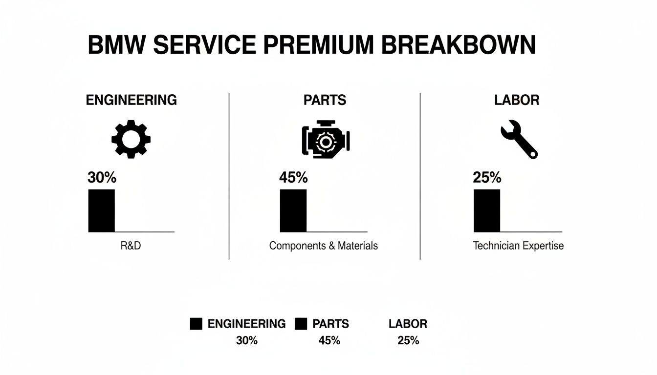 BMW Service Premium Breakdown chart showing 30% Engineering, 45% Parts, and 25% Labor.