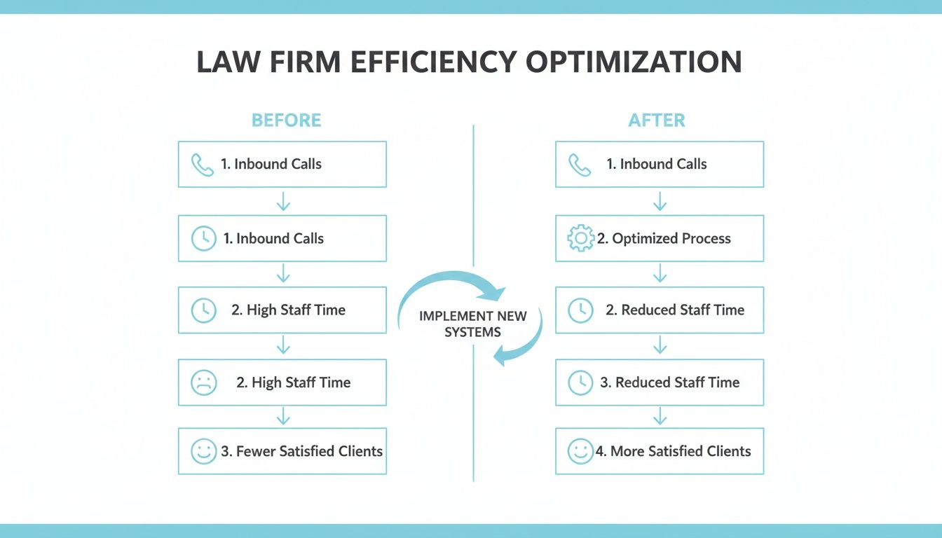 Flowchart showing law firm efficiency optimization before and after implementing new systems.